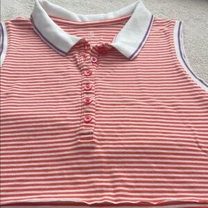 Girls youth Sleeveless Stripe Polo Tank Top - Coral & White